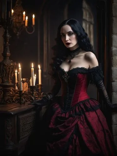 Morticia Addams, full body, gothic aristocrat lady, slender figure, pale skin, raven black hair, curly and wavy, dark eye circles, bold eyebrows, red lipstick, Victorian-era inspired long dress, tight