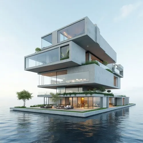 on the sea,a tall, modern building that sits above the water,cube stilt houses,house by the water,floating island,seasteading,cubic house,house with lake