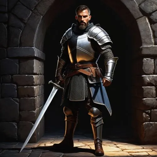 "DnD portrait", 
"Fantasy male warrior, solo, muscular build, fierce expression, sharp jawline, short brown hair, thick beard, silver armor, sword on back, leather boots, dramatic lighting, intense ga