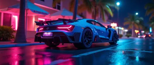 miami beach,cyberpunk car,an exotic sport car is parked on the street with palm trees,outrun,low poly,corvette,cyberpunk,neon,cinematic,street canyon,night lights,nightshades,south beach,riviera,volt,
