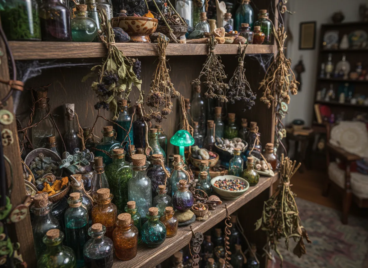 Primo piano generato dall'AI di uno scaffale disordinato in una stanza Goblincore, con piccole boccette di pozioni, erbe secche e gusci di lumaca.