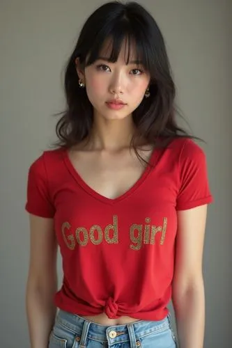 A 27-year-old Asian woman of Chinese descent. She has bangs and a sweet face. Athletic and fit, she has a very feminine top curves. She has pretty ear piercings.

She wears a red deep V-neck t-shirt w