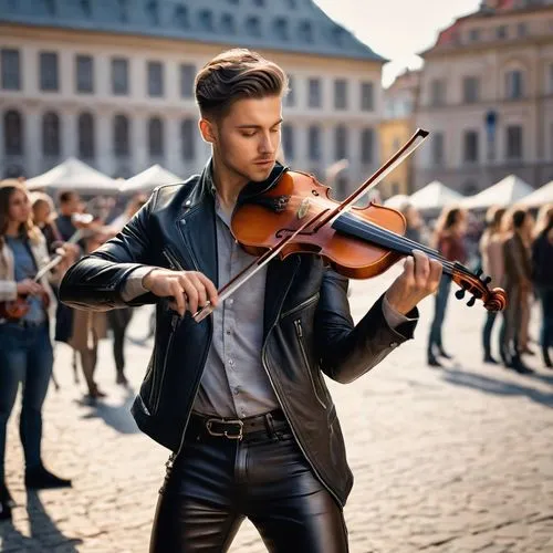 a young male musician wearing leather pants playing violin in a public square ,violinist,violin player,violinist violinist,violin,solo violinist,concertmaster,violist,playing the violin,violinists,vio