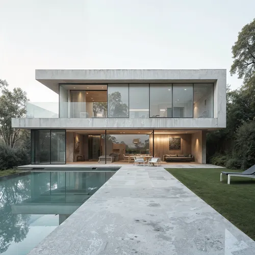 Modern Villa, Modern, Seamless transitions, Polished terrazzo,a large pool sits in the front yard of an empty modern home,prefab,pool house,pinnacle,property,privada,luxury property