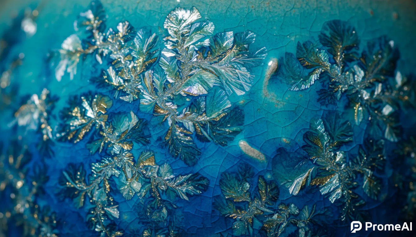 Un primo piano fotorealistico di una vibrante texture di smalto per ceramica turchese con intricati motivi cristallini, generata da PromeAI.