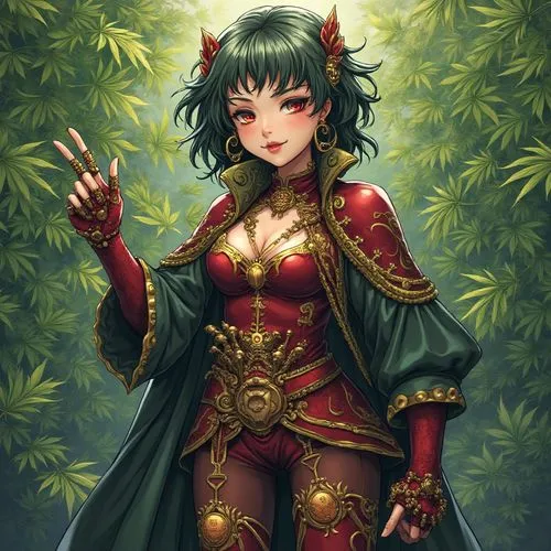 alice in wonderland shazam kazam wam bam emoji face anime male warrior lingerie inspired gothic colonial clothing armor outfit full body marijuana leaf record background
,a cartoon art picture of a fe