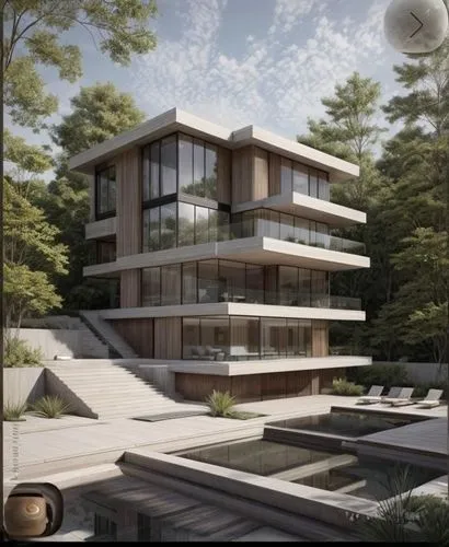 Render a stunning photorealistic architectural visual of a modern villa, showcasing the facade with a premium combination of floor-to-ceiling glass, exposed concrete, and natural wood. Use warm ambien