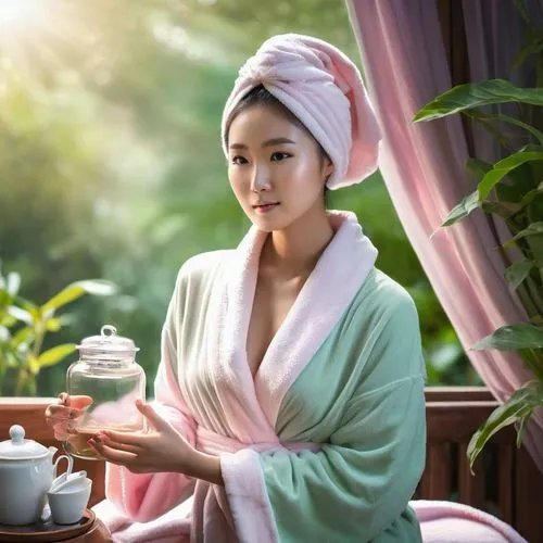 Young woman, mid-20s, Asian ethnicity, wearing a light pink bathrobe with cream-colored trim,  inside a large glass jar,  posing serenely.  She has a towel wrapped around her head, holds a small bottl