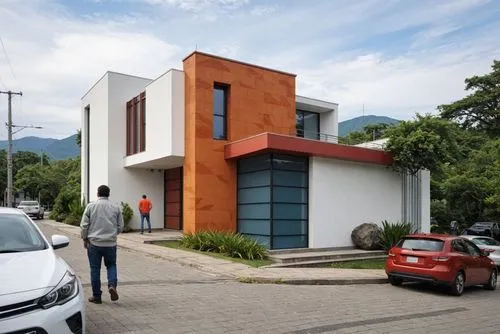 A photo-realistic rendering of a modern two-story building with a combination of white and orange colors. the building has a rectangular shape with a flat roof and large windows on both sides. The ext
