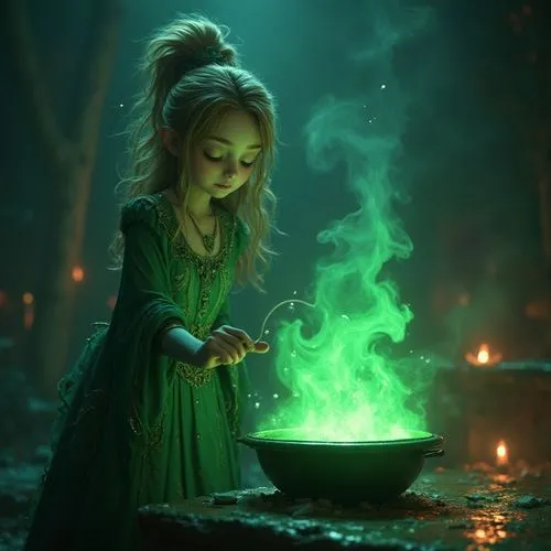 The sorceress's power inside is a decoction of green sidr boiling on the stove, and bubbles are rising from it.,a girl in green dress lighting a fire pot,cauldron,magical pot,sorcerers,magical,green a
