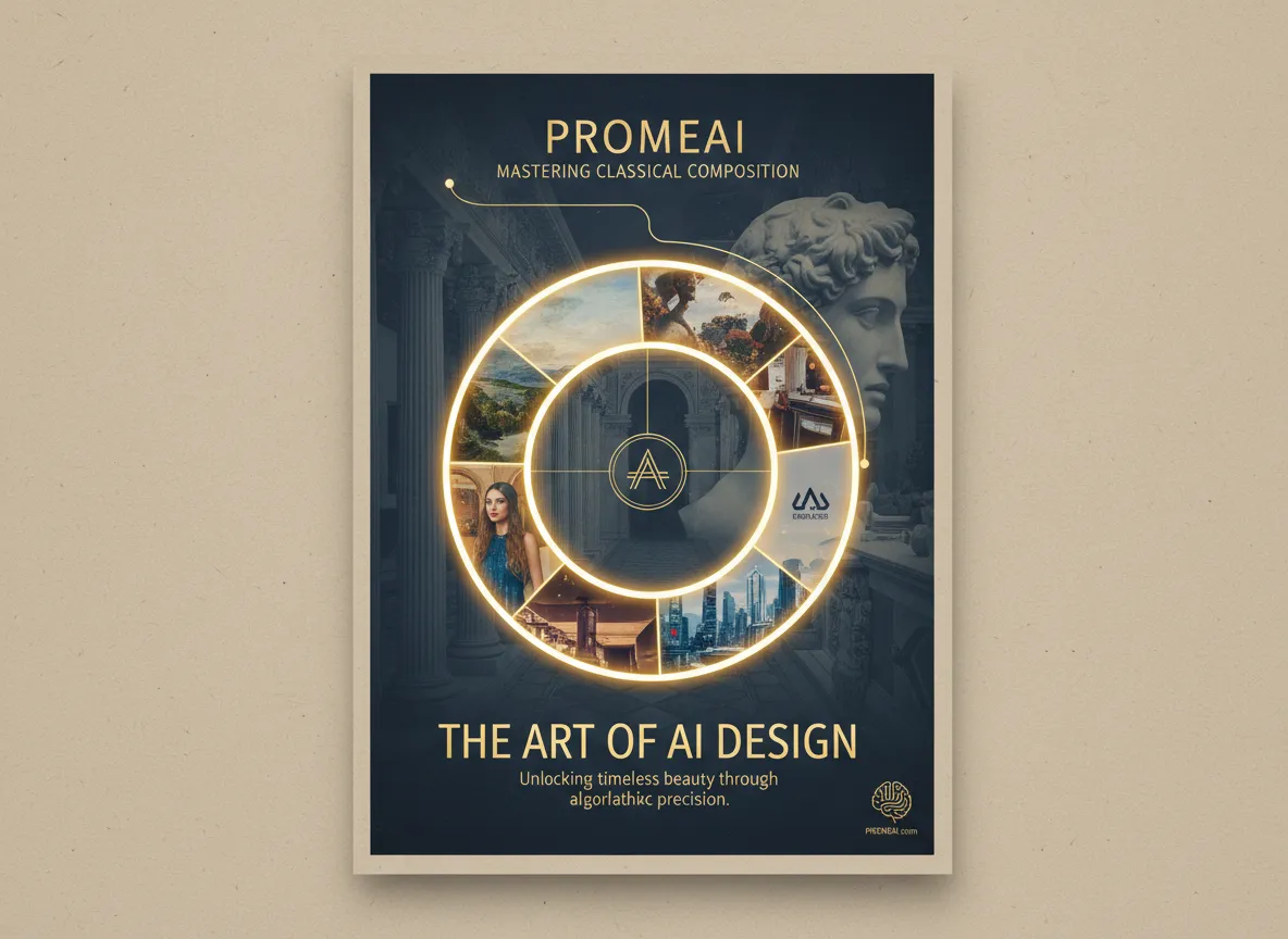गोल्डन रेशियो स्पाइरल दिखाते हुए एक ओवरले के साथ एक पोस्टर डिज़ाइन, जो यह दर्शाता है कि PromeAI शास्त्रीय संरचना तकनीकों को कैसे लागू करता है।