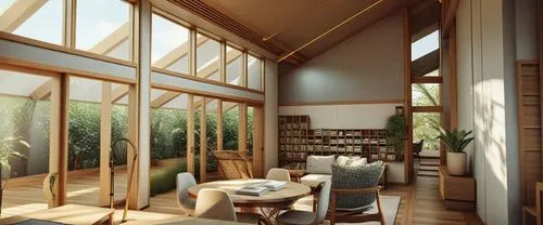 a view of an inside room with a wooden ceiling,folding roof,modern room,reading room,breakfast room,wooden windows,frame house
