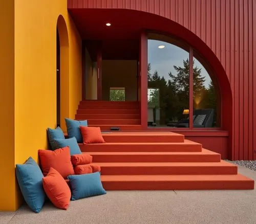 Indoor view of a red staircase, with orange carpet and matching blue cushions in the foreground, partially visible behind the stairs, arranged in a row from left to right, showing the interior of the 