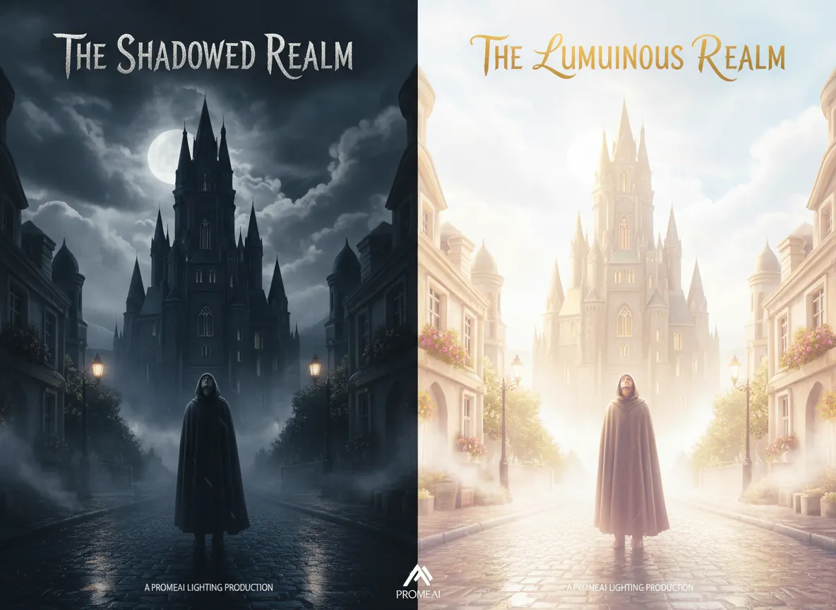 Ein direkter Vergleich zeigt ein dunkles, stimmungsvolles Poster und eine helle High-Key-Version derselben Szene, was die Lichttransformation durch PromeAI hervorhebt.