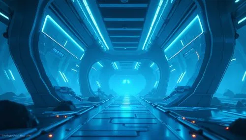 Cerulean blue themed design, futuristic, sci-fi, neon lights, glowing accents, sleek metallic surfaces, minimalist modern architecture, abstract geometric patterns, holographic display screens, roboti