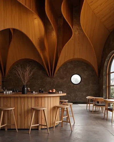 A modern interior with a dramatic sculptural wooden ceiling, featuring wavy organic forms. The space includes a rounded wooden bar with stools, a concrete floor, and soft natural lighting from a circu