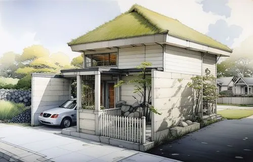 a car is parked in front of a house,house drawing,cubic house,small house,residential house,core renovation,inverted cottage,modern house,render,mid century house,frame house,exterior decoration,garde