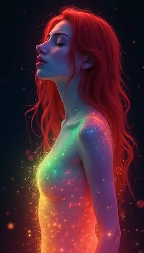 A detailed digital illustration: a woman's face is devoid of text expressing a nervous shock , a vibrant, enigmatic presence, her figure exuding excitement and mystery. The vivid rainbow pattern contr