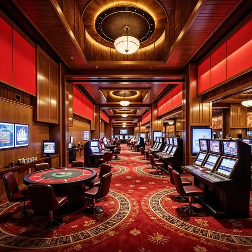 Vibrant casino interior, luxurious atmosphere, rich wood accents, bold red and gold hues, flashy neon lights, ornate chandeliers, lavish furnishings, intricate patterns, plush carpets, high-end decor,
