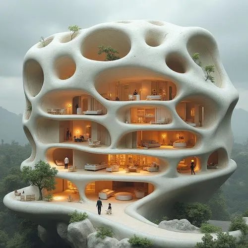 Architectural cut-section of a futuristic, parametric building inspired by natural forms — organic curves, layered spaces, and fluid interiors, with furniture and human activities visible inside. Intr