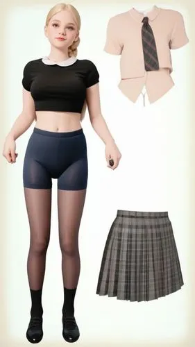 Paper doll 2d cartoon british schoolgirl in white t shirt ,black spandex shorts with black sock and black shoe standing surrounded by with a set of British  school uniform, white dress shirt, plaid bl