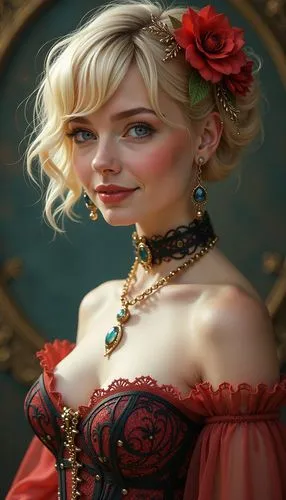 Hyperrealistic nude portrait of a beautiful woman wearing intricately detailed colorful clothing and futuristic jewellery. full view Short blonde hair  in a college boy style. , deep blue eyes, smilin