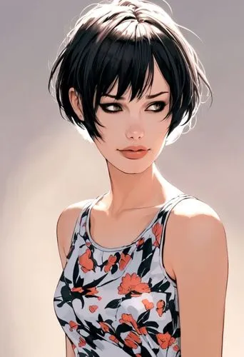 model woman, short black hair, pixie hair cut, modern dress,a young girl wearing a flowered top,cinder,retro girl,glance,gaze,girl with speech bubble,vector girl,glare,stare,summer clothing,tiger lily