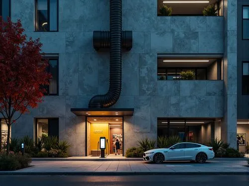Rugged concrete facade, brutalist architecture, industrial aesthetic, raw unfinished surfaces, exposed ductwork, steel beams, functional minimalism, urban charging station, electric vehicle infrastruc