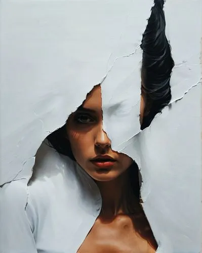light and shadow, this canvas captures the essence of contrast, where every white lines sharpens the black silence,oil painting on canvas,oil on canvas,woman thinking,oil painting,woman portrait,woman