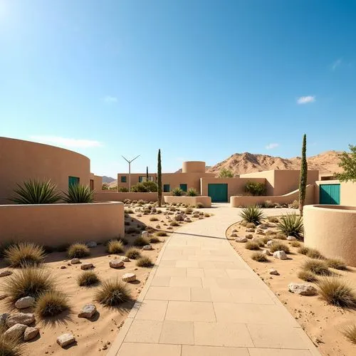 Earthy desert landscape, sandy dunes, cactus plants, warm sunny day, clear blue sky, vast open space, modern desert architecture, earthy brown buildings, natural stone walls, curved lines, minimalist 
