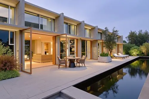 A photo-realistic shoot from a bird's eye view about a modern concrete building with large glass doors and a wooden deck next to a small pond. the image also shows a serene outdoor area with a wooden
