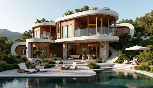 Eclectic postmodern villa, fragmented forms, irregular shapes, bold color blocking, playful juxtapositions, mixed materials, rough stone walls, smooth glass surfaces, wooden accents, metal frames, orn