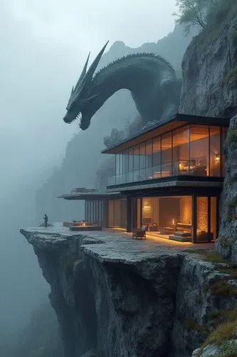 A huge dragon climbs out of a chasm and looms over a house. Foggy atmosphere and ghostly light. A striking modern villa set on the edge of a mountain cliff, featuring cantilevered living spaces that e