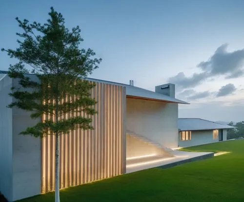 leds,the front exterior of a building with grass and trees in front,dunes house,modern house,cube house,modern architecture,residential house,cubic house,danish house,timber house,cantilevers,exposed 