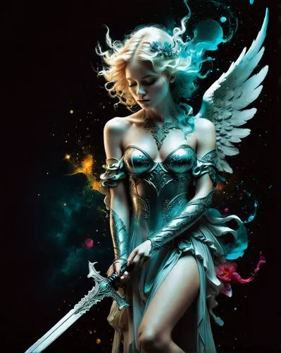 universe, ethereal, angel with sword, message of love,a painting with angel wings holding a sword,archangel,angel,evil fairy,fire angel,fallen angel,baroque angel,Photography,Artistic Photography,Arti