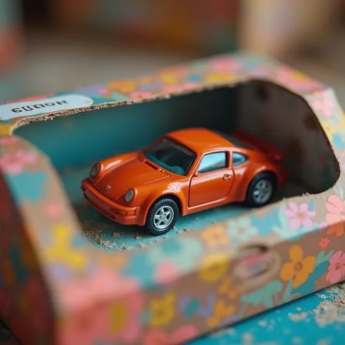 car toy idea,colorfull box,a small orange car sitting inside of a wooden box,matchbox car,miniature car,toy car,model car,miniature cars,cartoon car,toy cars,tin car,toy photos,wooden car,model cars,m