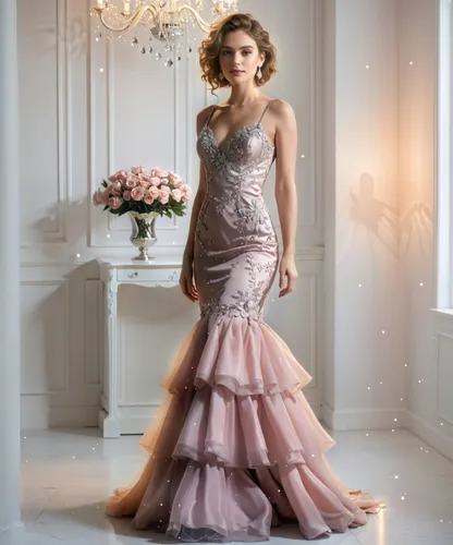 increase image quality. ,a woman in a light pink silver evening dress with a tiered skirt,evening dress,ball gown,bridal gown,a floor-length dress,ballgown,wedding gown,wedding dresses,ballgowns,peach