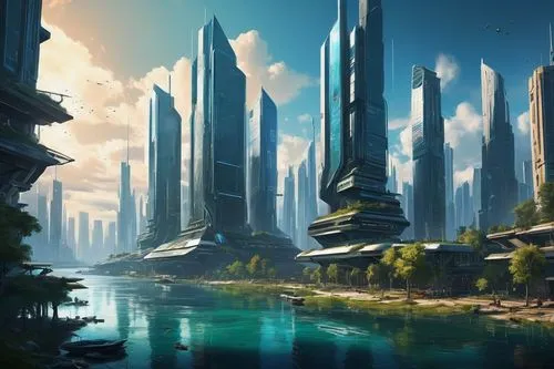 Game Scene, Wild angle view  Game Scene, Wild angle view a beautiful utopia  futuristic city, on the lake shore, modern  buildings,a picture of a city in the middle of water,futuristic landscape,terr