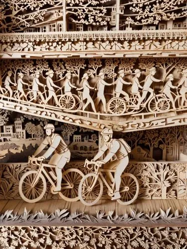 Велосипедисты в городе, резьба по дереву,some sort of artwork made out of wood,skull racing,wood carving,cassette cycling,patterned wood decoration,woodcarvings,wooden construction