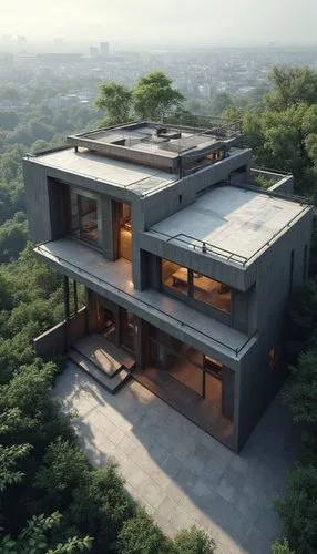 black house ,a house made of concrete on a hill overlooking trees,modern house,dunes house,modern architecture,cubic house,roof landscape,cube house,cantilevers,render,contemporary,cantilevered,frame 