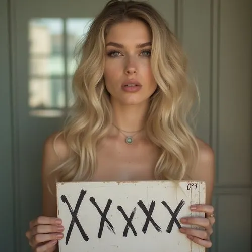 a blonde holding up a sign "xxxxxxx",Showing her figure,a young woman holding a wooden sign with black paint,xlv,xs,vxi,ix,xxxii,xcx,Photography,Documentary Photography,Documentary Photography 02