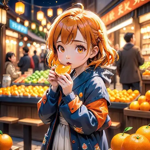 japanese style, manga, realistic,girl,eating orange,a little girl eating food from an orange vendor,honoka,tangerines,oranges,mandarin oranges,hokkaido pumpkin,chiyo,Anime,Anime,Cartoon