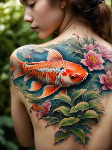 Describe a serene garden with a vibrant koi tattoo on someone's shoulder.,koi fish,koi carp,koi,koi pond,koi carps,ornamental fish,tropical fish,body art,body painting,beautiful fish,red fish,japanese