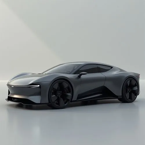 A modern luxury electric sedan with a seamless, minimalist body, featuring soft curves and elegant, flush door handles. The car’s exterior is finished in a deep matte grey, accented with subtle chrome