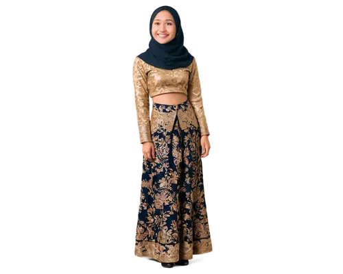 Asian girl, Indo-style clothing, traditional hijab, bright smile, brown eyes, dark hair, golden earrings, intricately patterned kebaya dress, slim waist, flowing skirt, standing, relaxed posture, soft