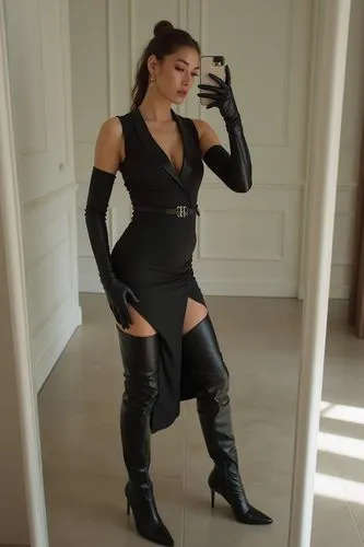 A stylish and elegant young woman takes a mirror selfie with her phone, showcasing her flawlessly chic, two-piece outfit, exuding timeless elegance for Instagram. The ensemble consists of a beautifull