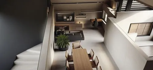 a room with some furniture and a staircase,loft,lofts,interior modern design,outside staircase,staircase,wooden stairs,winding staircase,staircases,stairwell,multilevel,stairs,steel stairs,habitat 67,