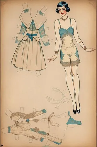 Vintage Paper dolls 1920s women in  shirt,  lace  french knickers with  shoe standing with a set of elegant 1920s dress full color colorful 1920s fashion 1920s clothing,vintage paper doll,retro paper 