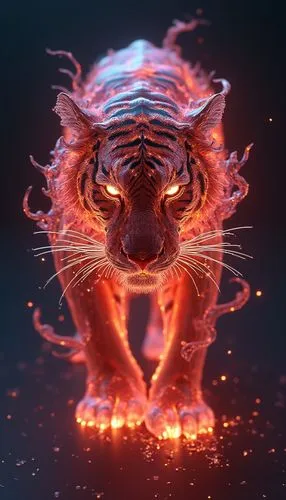A hyper-realistic 3D render of a fierce tiger with a complex, intricate design. The tiger's glowing fur resembles translucent liquid fire glass in glowing neon red, neon orange, and neon blue, with gl