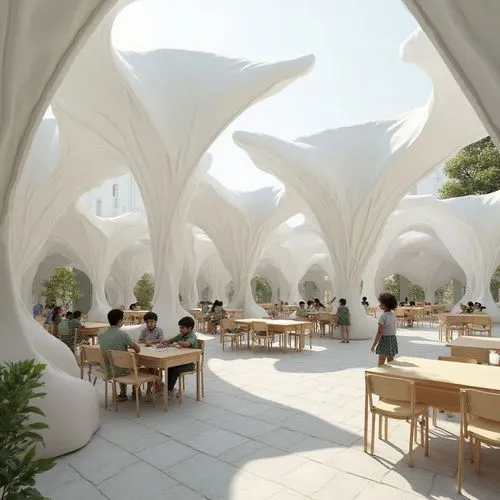 An urban rooftop school inspired by paper folding — origami-like white canopies, flexible classroom spaces, and Indian schoolchildren playing, learning, and laughing in midair volumes.",several people